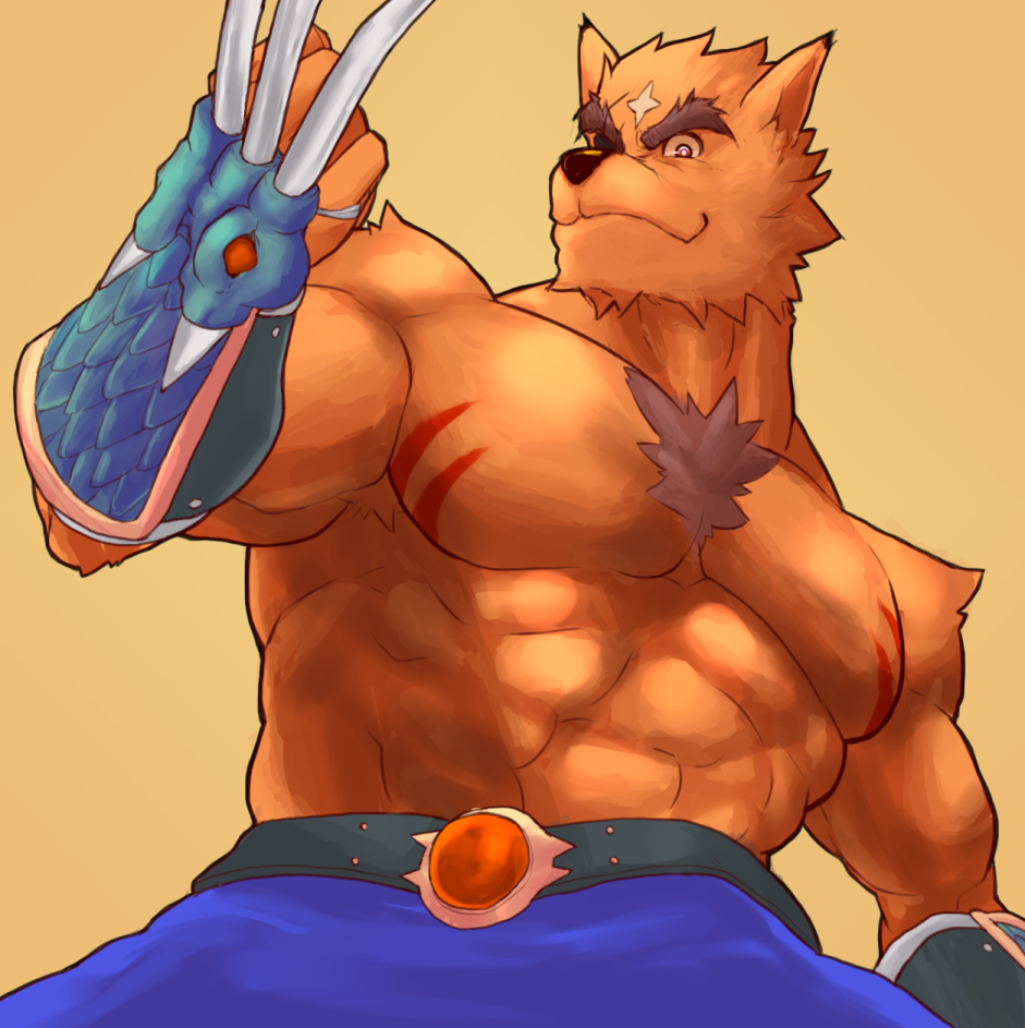 1boy, abs, animal_ears, bara, biceps, blue_pants, brown_fur, claw_(weapon)