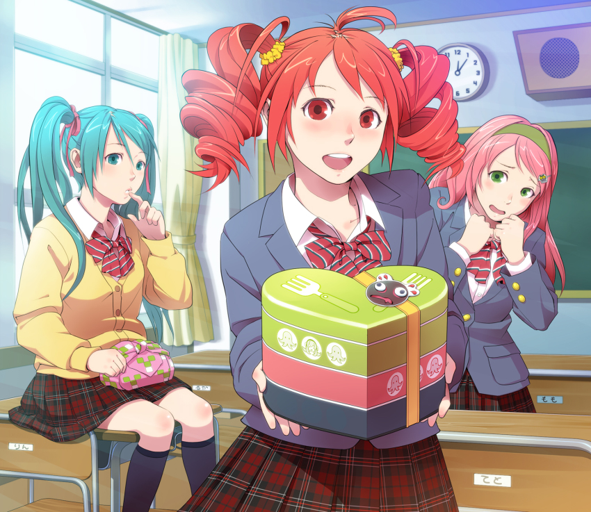 3girls, ahoge, aqua_eyes, aqua_hair, bento, blazer, bow, bowtie, cardigan, chalkboard, classroom, crossover, curtains, desk, drill_hair, gift, green_eyes, hairband, hatsune_miku, heart, highres, incoming_gift, indoors, jacket, kasane_teto, kasane_teto_(utau), kneehighs, looking_at_viewer, lunchbox, megurine_luka, momone_momo, multiple_girls, on_desk, pink_hair, polyline, pov, red_eyes, red_hair, school, school_desk, school_uniform, sitting, skirt, socks, takoluka, twin_drills, twintails, utau, vocaloid, window