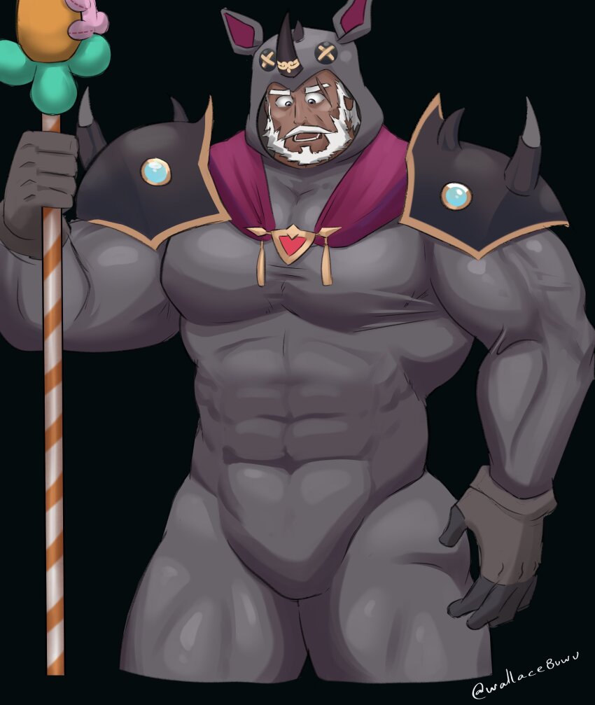1boy, absurdres, bara, beard, black_background, commentary, cosplay, covered_abs, covered_pectorals, cropped_legs, dark-skinned_male, dark_skin, english_commentary, facial_hair, fire_emblem, fire_emblem_shadows, gotthold_(fire_emblem), grey_eyes, highres, holding, holding_polearm, holding_weapon, kigurumi, lower_teeth_only, male_focus, muscular, muscular_male, mustache, nintendo, open_mouth, pectorals, polearm, scar, scar_across_eyebrow, scar_on_face, simple_background, solo, teeth, twitter_username, variant_set, wallace8, weapon, white_hair