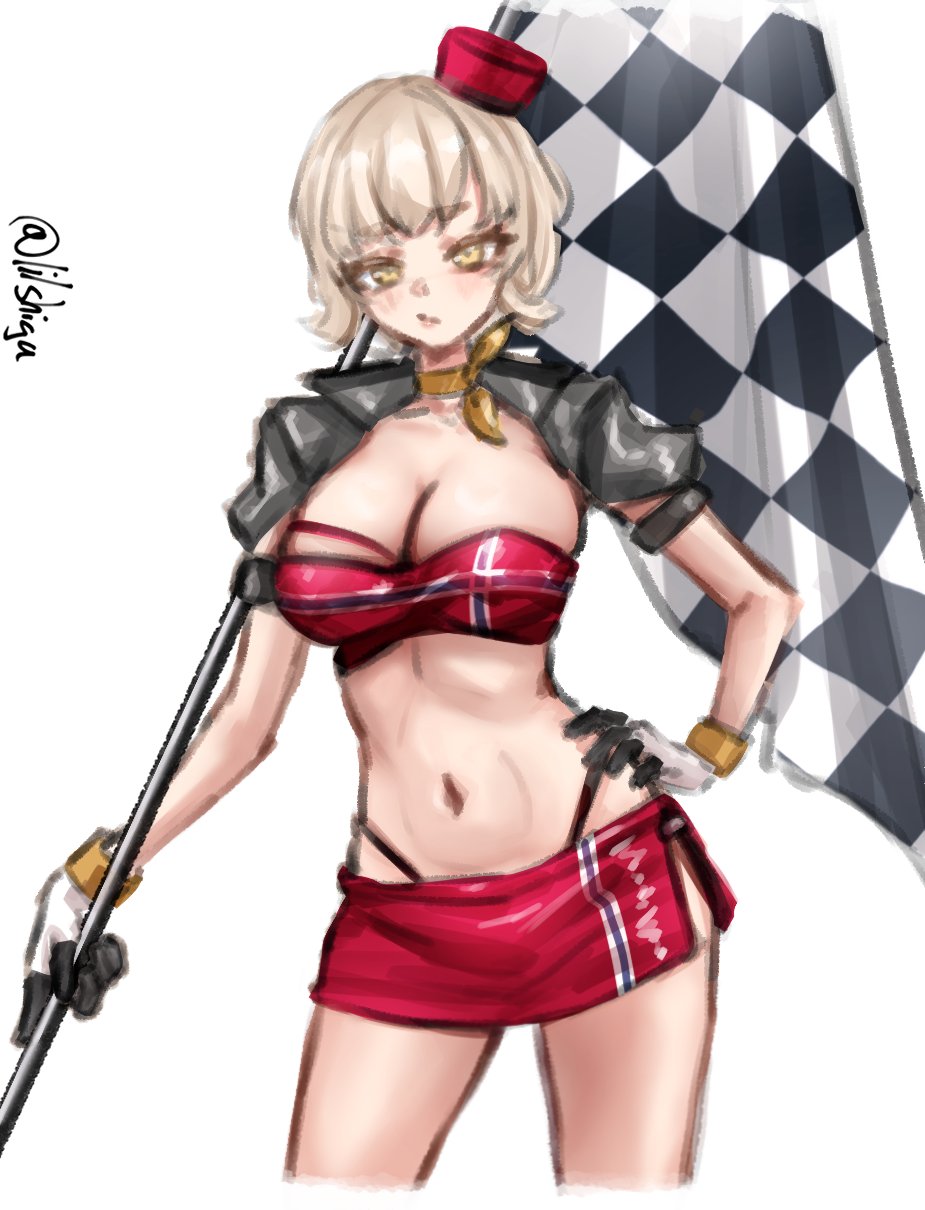 1girl, adapted_turret, alternate_costume, bandeau, black_jacket, blonde_hair, breasts, checkered_flag