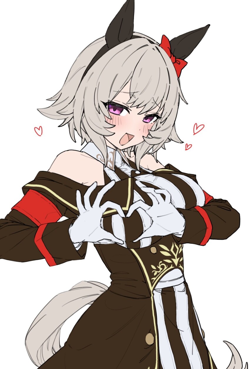 1girl, animal_ears, bare_shoulders, black_dress, blush, bow, breasts, commentary_request, curren_chan_(fille_eclair)_(umamusume), curren_chan_(umamusume), dress, ear_bow, ear_covers, gloves, grey_hair, heart, heart_hands, highres, horse_ears, horse_girl, horse_tail, large_breasts, looking_at_viewer, motyomotyo_rsg4, naughty_face, off-shoulder_dress, off_shoulder, open_mouth, purple_eyes, red_bow, short_hair, simple_background, smile, solo, striped_clothes, striped_dress, tail, umamusume, vertical-striped_clothes, vertical-striped_dress, white_gloves