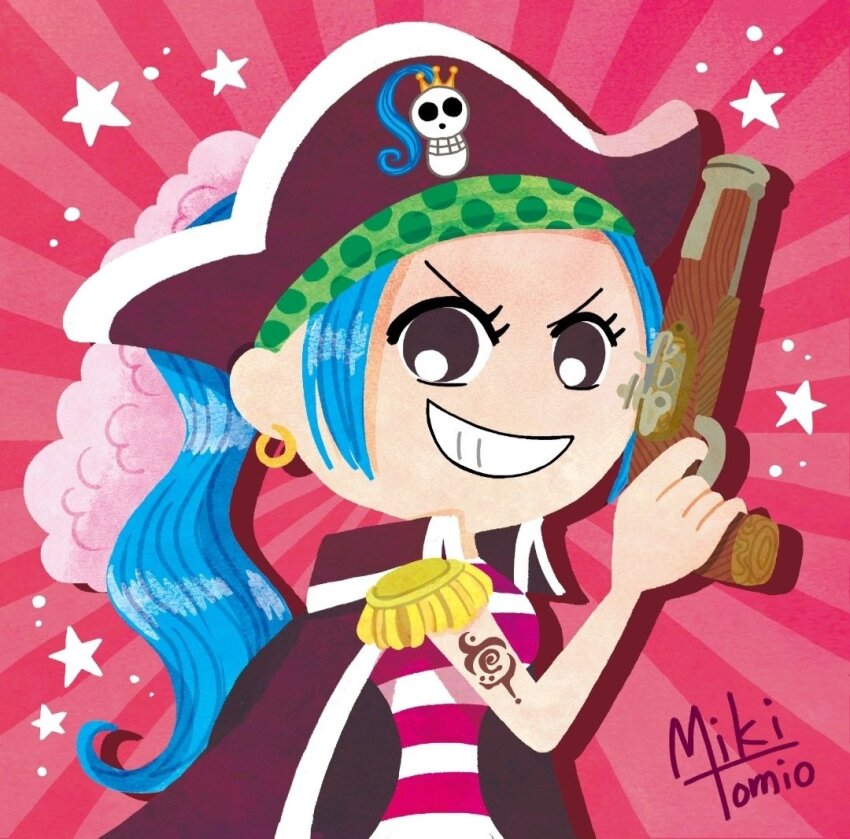 1girl, arm_tattoo, ateliermiki, blue_hair, brown_eyes, buggy_the_clown, buggy_the_clown_(cosplay), chibi