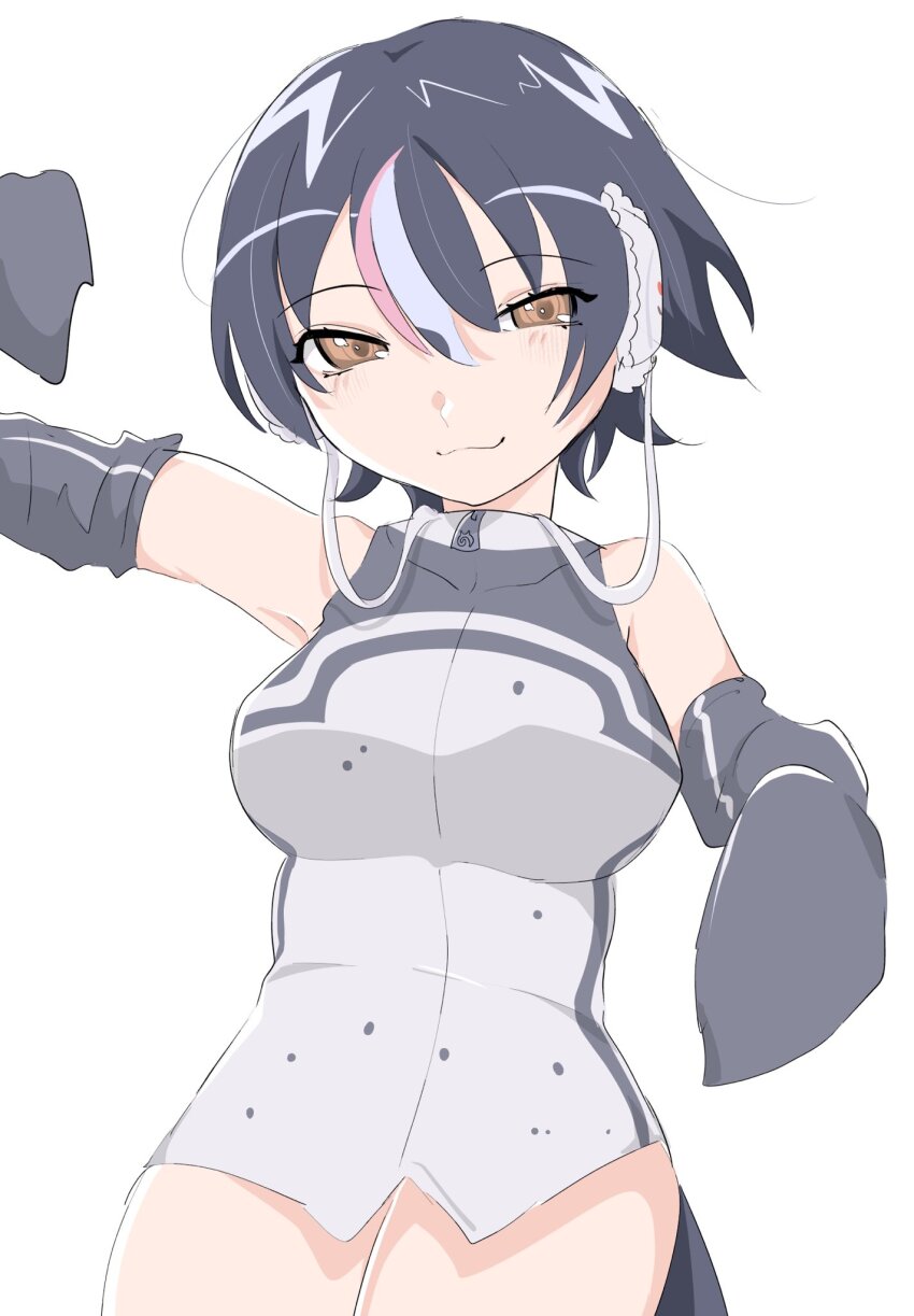 1girl, arm_up, armpits, bare_shoulders, black_hair, brown_eyes, commentary_request, elbow_gloves