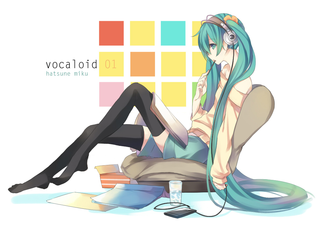1girl, akg, aqua_eyes, aqua_hair, bad_id, bad_pixiv_id, black_thighhighs, chair, mp3_player, eating, female_focus, food, full_body, glass, hatsune_miku, headphones, ipod, koota_(rlet_loft), long_hair, magazine_(object), no_shoes, off_shoulder, pocky, porifonika, shorts, sitting, solo, sweater, thighhighs, twintails, vocaloid, water