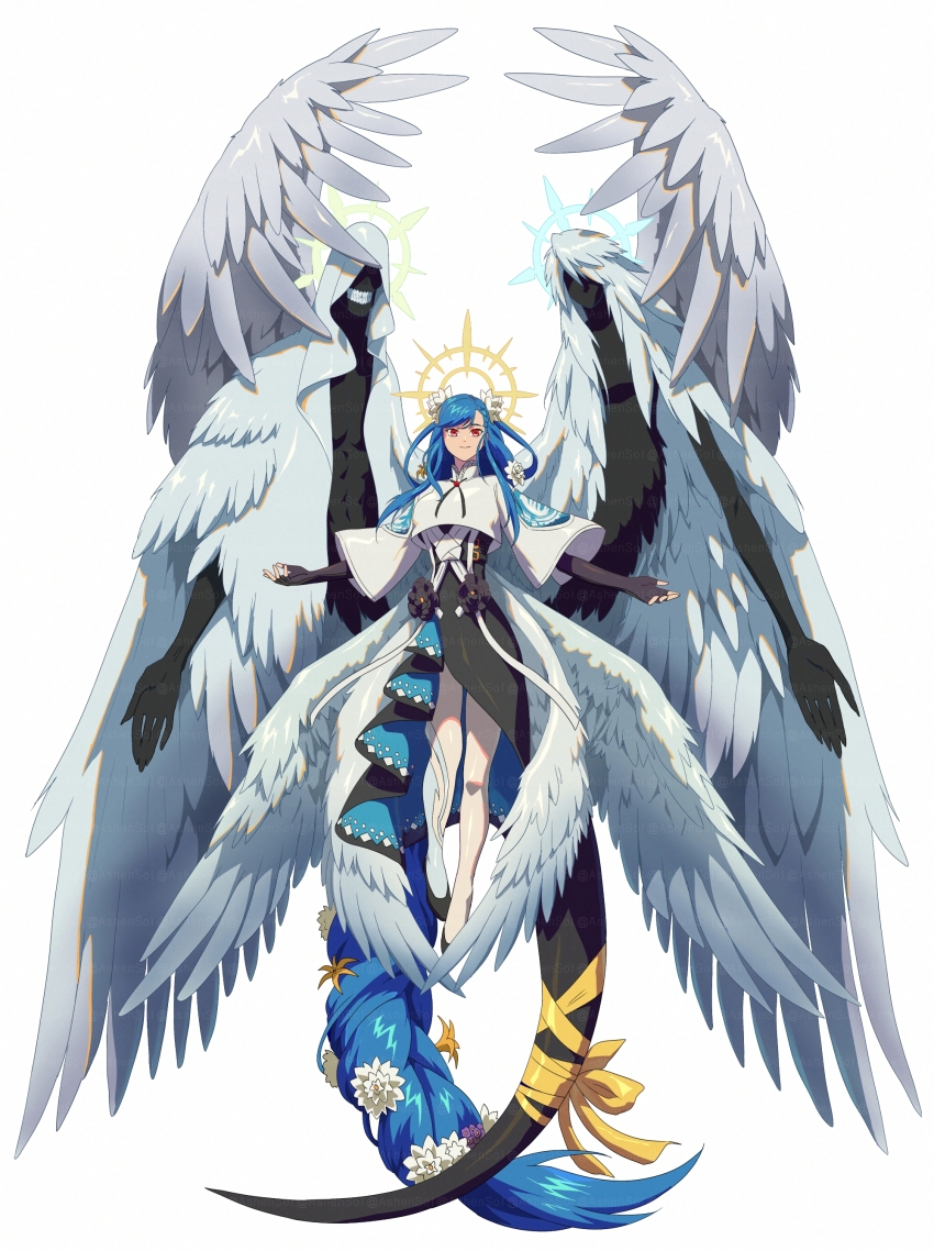 1boy, 2girls, absurdres, angel_wings, ashensol, biblically_accurate_angel, blue_hair, bow