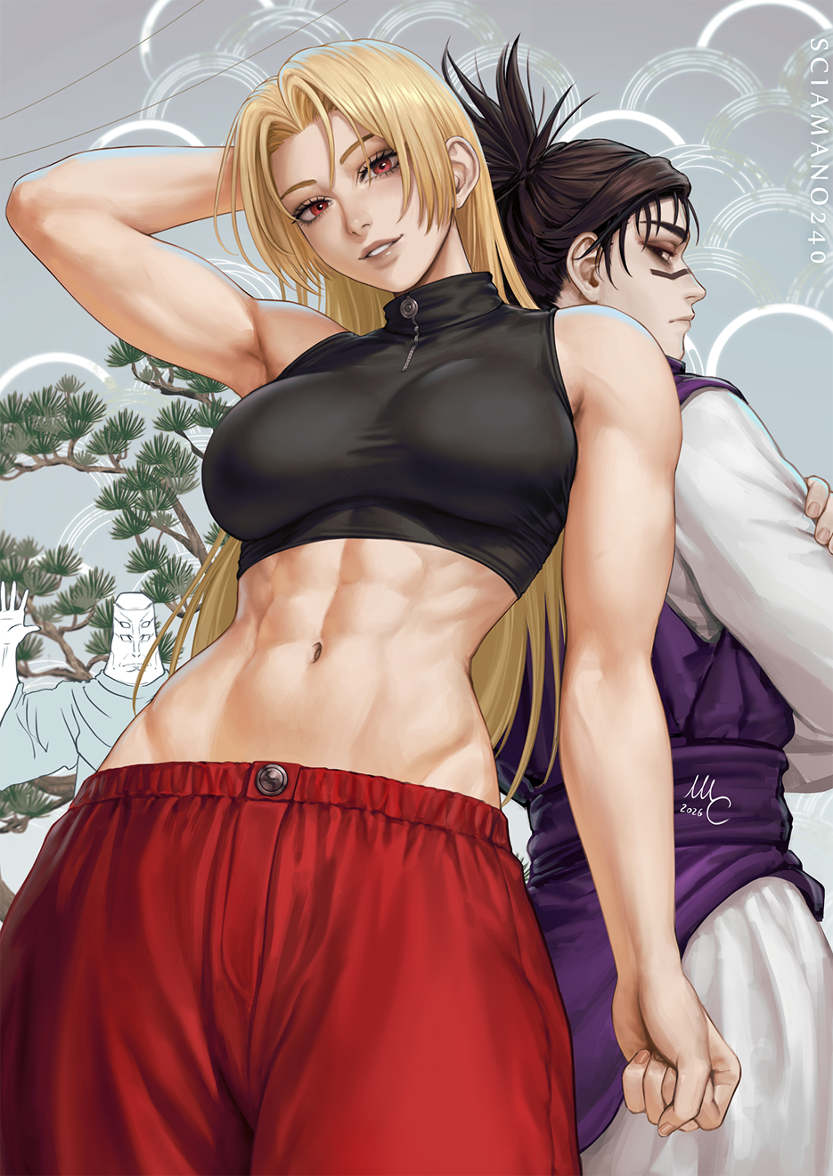 1boy, 2girls, abs, absolute_cinema_(meme), armpits, back-to-back, black_hair, breasts, choso_(jujutsu_kaisen), crop_top, crossed_arms, extra_eyes, eyelashes, highres, jujutsu_kaisen, long_hair, long_head, looking_at_viewer, meme, multiple_girls, pants, parted_lips, red_pants, sciamano240, sleeveless, tengen_(jujutsu_kaisen), tsukumo_yuki_(jujutsu_kaisen)