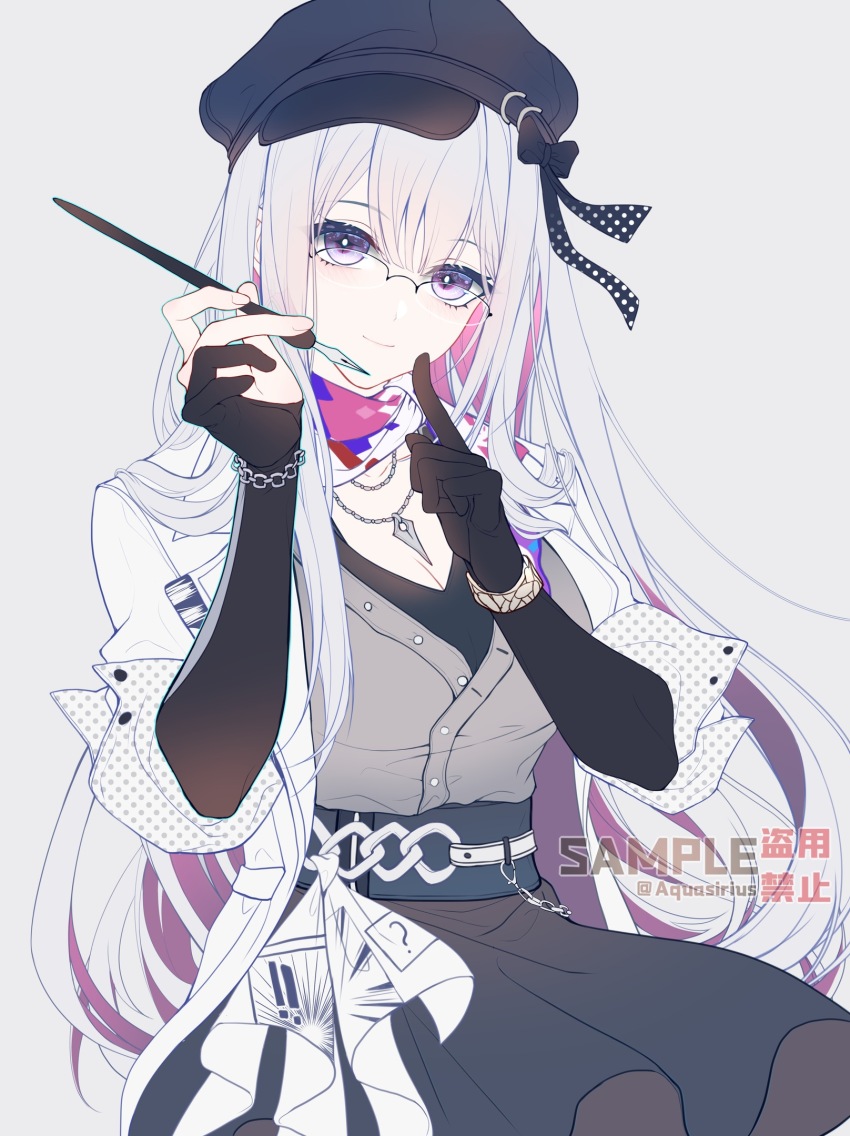 1girl, aqueasirius, belt, beret, bracelet, breasts, bright_pupils, chain