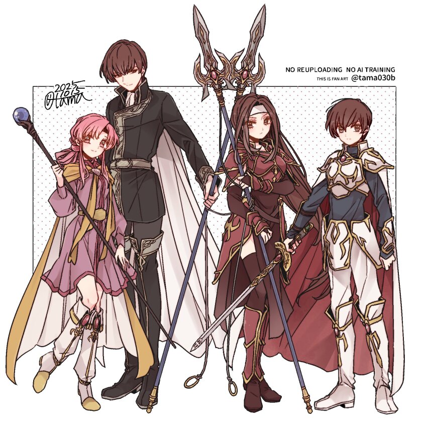 2boys, 2girls, altena_(fire_emblem), arm_guards, armor, ben-day_dots, black_boots, black_coat, boots, breastplate, breasts, brown_eyes, brown_hair, cape, closed_mouth, coat, commentary_request, dated, dress, ethlyn_(fire_emblem), family, fire_emblem, fire_emblem:_genealogy_of_the_holy_war, full_body, gae_bolg_(fire_emblem), greaves, headband, high_collar, highres, holding, holding_polearm, holding_staff, holding_sword, holding_weapon, knee_boots, leif_(fire_emblem), light_brand, long_hair, long_sleeves, looking_at_viewer, mage_staff, medium_dress, multiple_boys, multiple_girls, nintendo, pants, parted_bangs, pauldrons, pink_dress, pink_eyes, pink_hair, polearm, quan_(fire_emblem), red_armor, red_cape, sayu030b, screentones, short_hair, shoulder_armor, siblings, signature, simple_background, small_breasts, smile, staff, standing, sword, thigh_boots, two-tone_cape, vambraces, watermark, weapon, white_armor, white_background, white_boots, white_cape, white_headband, white_pants
