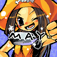 1girl, ;d, bad_id, blue_background, brown_eyes, brown_hair, character_name, clenched_hand, commentary_request, dolphin, guilty_gear, hat, long_hair, lower_teeth_only, lowres, may_(guilty_gear), one_eye_closed, open_mouth, orange_hat, pirate_hat, purimu_(gamers_channel_99), skull_and_crossbones, smile, solo, teeth
