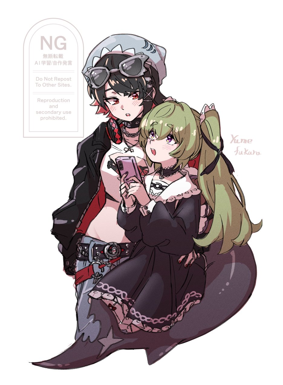 2girls, :d, alternate_costume, belt, black_dress, black_hair, blue_pants, casual