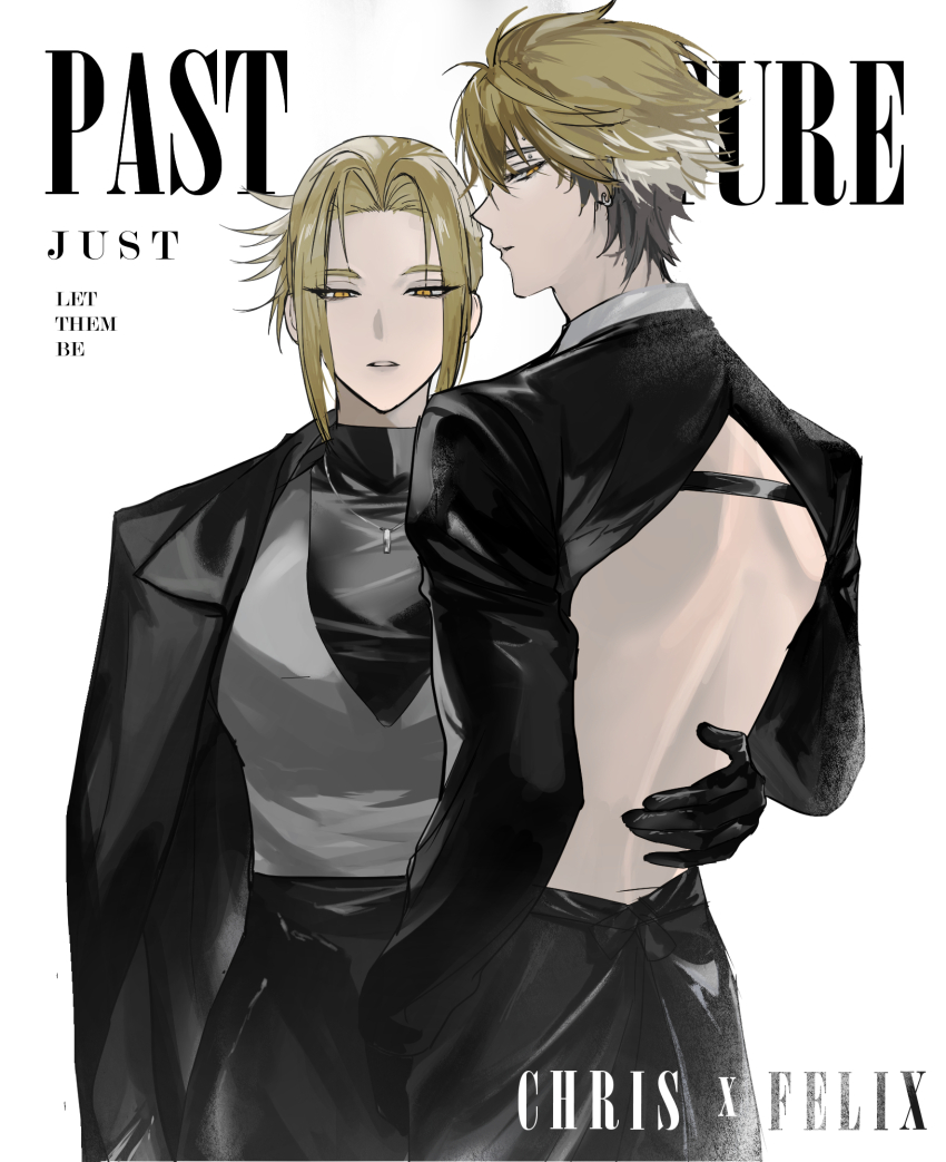 1boy, 1girl, alternate_costume, antenna_hair, back, back_cutout, backless_outfit, backless_shirt, black_coat, black_gloves, black_hair, black_pants, black_shirt, black_skirt, blonde_hair, clothing_cutout, coat, coat_on_shoulders, cover, cowboy_shot, earrings, enermy4, english_text, fake_magazine_cover, formal_clothes, from_behind, gloves, grey_vest, hand_on_another's_back, hand_on_another's_waist, hashtag-only_commentary, highres, jacket, jewelry, long_sleeves, looking_at_viewer, looking_back, magazine_cover, multicolored_hair, necklace, pants, parted_lips, profile, shiguang_dailiren, shirt, short_hair, simple_background, skirt, suit, turtleneck, two-tone_hair, vest, wang_qing, white_background, xia_fei, yellow_eyes