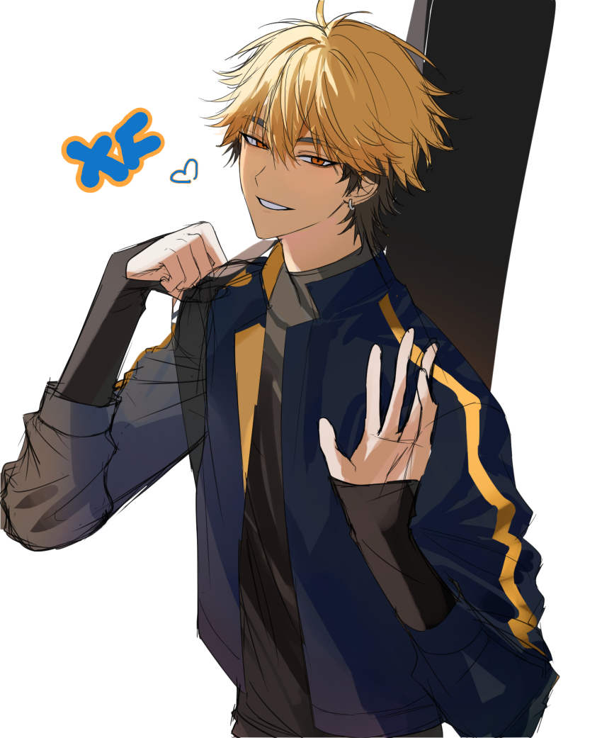 1boy, antenna_hair, black_hair, black_shirt, blonde_hair, blue_jacket, earrings, enermy4