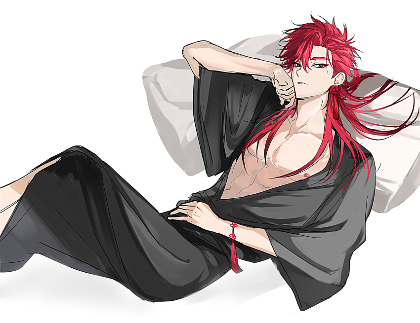 1boy, abs, alternate_costume, alternate_hairstyle, bare_pectorals, black_robe, bracelet, chinese_knot, collarbone, crossed_legs, earrings, enermy4, feet_out_of_frame, hair_down, hand_on_own_cheek, hand_on_own_face, hand_on_own_stomach, head_rest, highres, jewelry, long_hair, looking_at_viewer, lying, male_focus, nipples, on_back, open_clothes, open_robe, parted_lips, pectoral_cleavage, pectorals, pillow, red_eyes, red_hair, robe, shiguang_dailiren, simple_background, single_earring, smile, solo, tassel, tassel_earrings, toned, toned_male, white_background, wide_sleeves, xiao_weiying