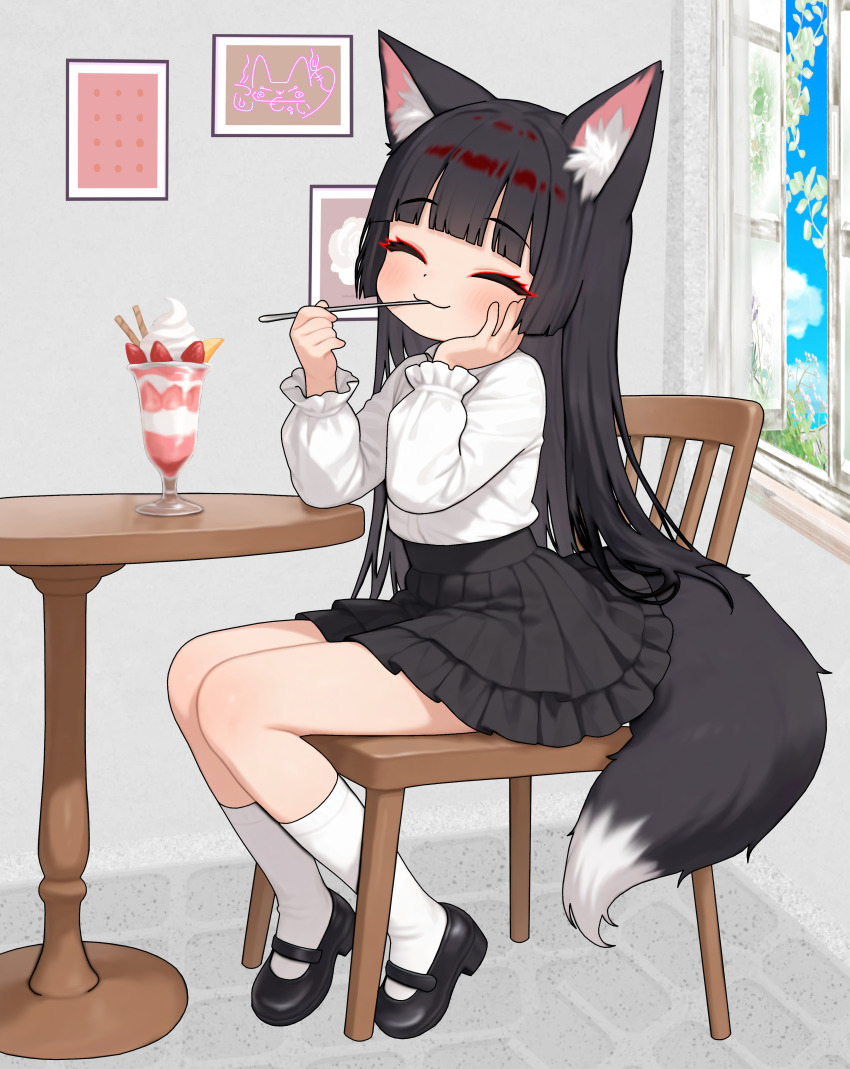 1boy, ^_^, absurdres, animal_ears, black_hair, black_shoes, black_skirt, blouse, chair, closed_eyes, commentary_request, cup, drinking_glass, eating, food, fox_boy, fox_ears, fox_tail, full_body, hand_on_own_cheek, hand_on_own_face, happy, highres, holding, holding_spoon, indie_virtual_youtuber, itsuki_tsukumo_(artist), itsuki_tsukumo_(vtuber), long_hair, mary_janes, miniskirt, parfait, parfait_glass, round_table, shirt, shoes, sitting, skirt, smile, socks, spoon, strawberry_parfait, table, tail, trap, utensil_in_mouth, virtual_youtuber, white_shirt, white_socks, wooden_table