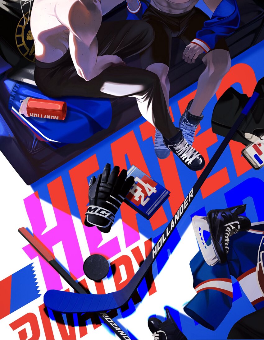 2boys, abs, arm_on_own_leg, black_gloves, black_pants, black_shorts, bottle, commentary