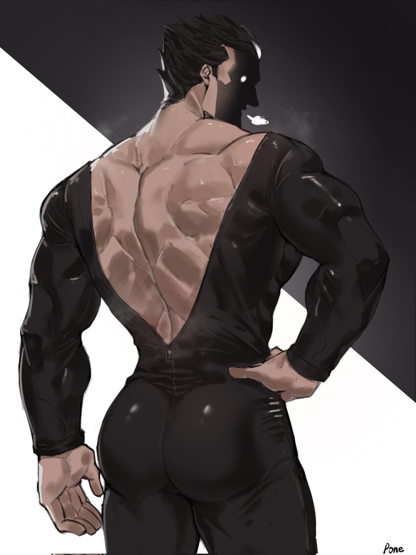 1boy, ass, back, back_muscles, backless_outfit, bara, black_bodysuit, black_hair, bodysuit, chinese_commentary, commentary_request, darius_(league_of_legends), from_behind, hand_on_own_hip, highres, league_of_legends, long_sleeves, looking_back, male_focus, shaded_face, short_hair, silver_(ordinary_1), skin_tight, solo, standing