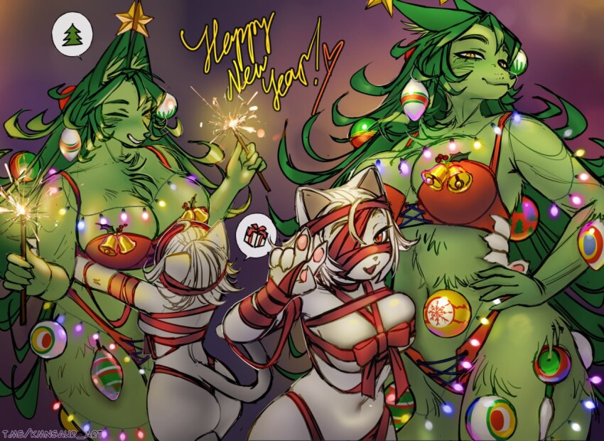 2girls, animal_ears, ass, bell, bikini, blurry, blurry_background, blush