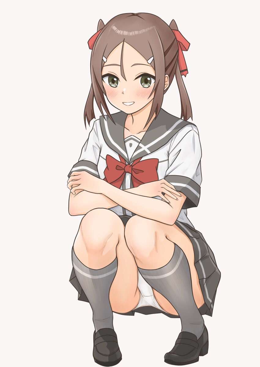1girl, absurdres, black_shoes, blush, bow, bowtie, brown_hair, commentary_request
