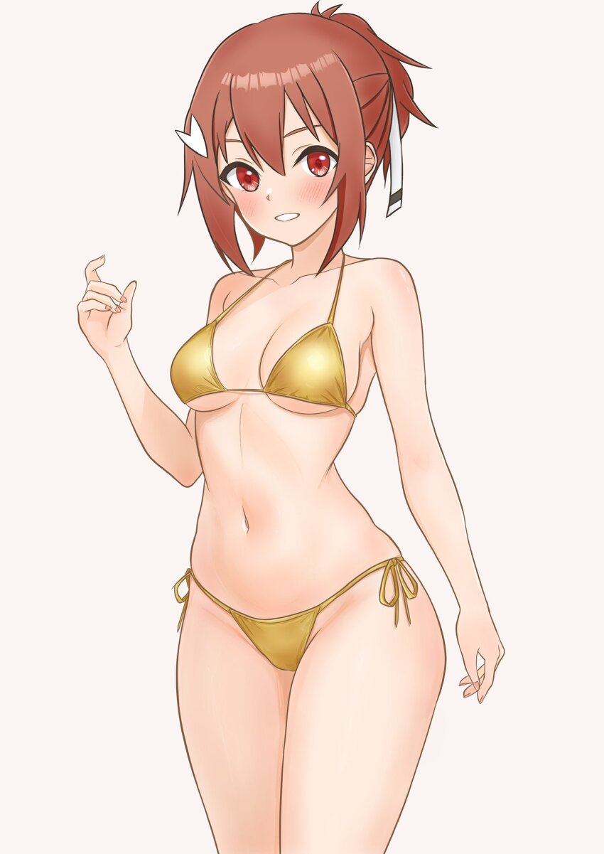 1girl, arm_at_side, bare_arms, bare_shoulders, bikini, blush, breasts, commentary_request