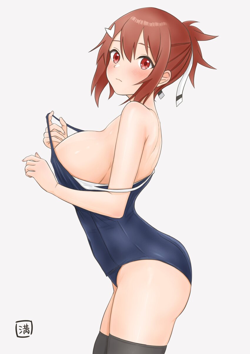 1girl, aged_up, alternate_breast_size_(larger), arched_back, artist_logo, bare_arms, bare_shoulders, black_thighhighs, blue_one-piece_swimsuit, blush, breasts, closed_mouth, clothes_pull, commentary_request, cowboy_shot, from_side, grey_background, hair_between_eyes, hair_ornament, hair_ribbon, hairclip, highres, large_breasts, logo, looking_at_viewer, man12sikata-04, old-fashioned_swimsuit, one-piece_swimsuit, one-piece_swimsuit_pull, ponytail, red_eyes, red_hair, ribbon, short_ponytail, simple_background, solo, standing, swimsuit, thighhighs, turning_head, white_ribbon, yuuki_yuuna, yuuki_yuuna_wa_yuusha_de_aru, yuusha_de_aru