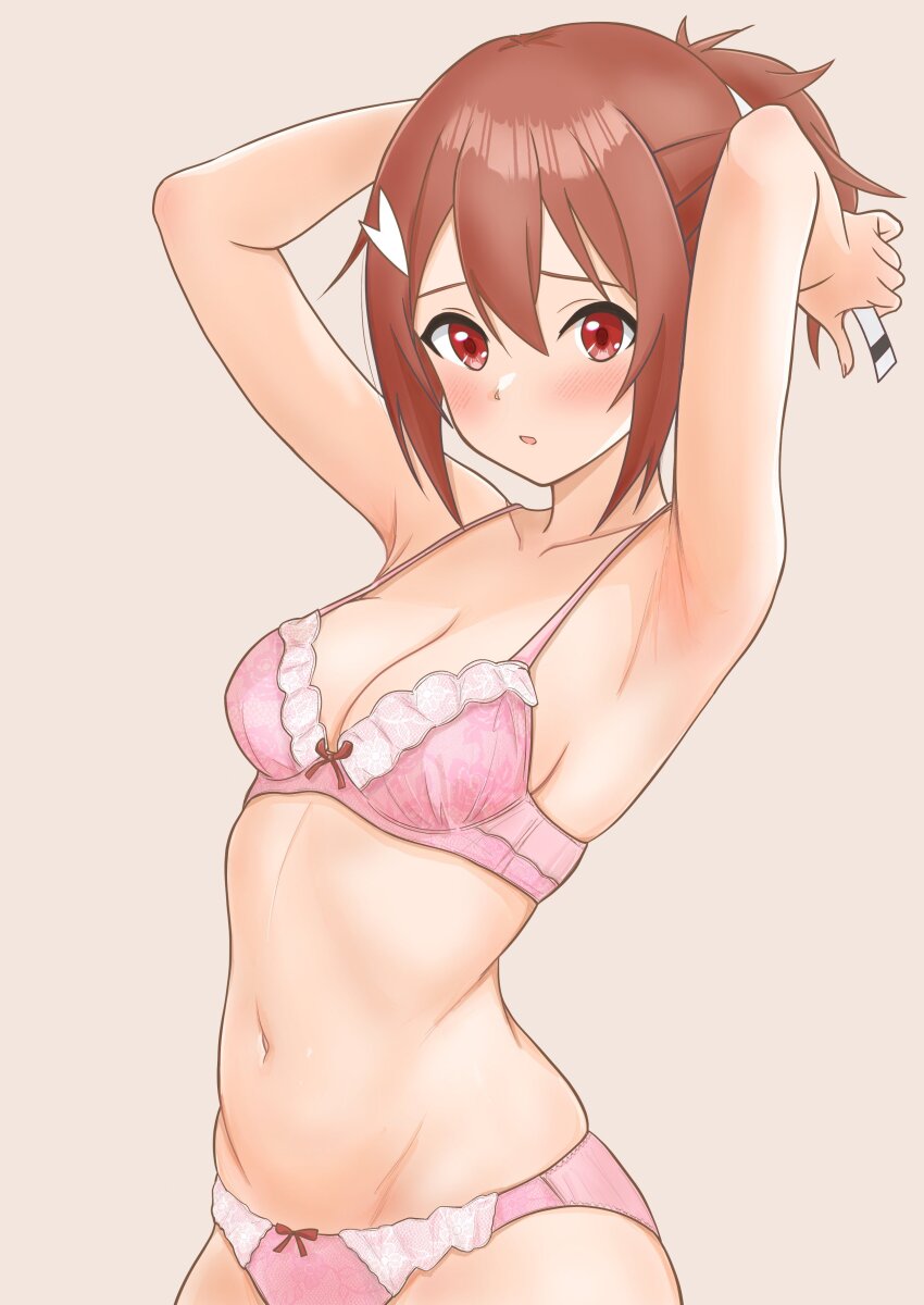 1girl, absurdres, arm_behind_head, armpits, arms_up, blush, bow, bow_bra