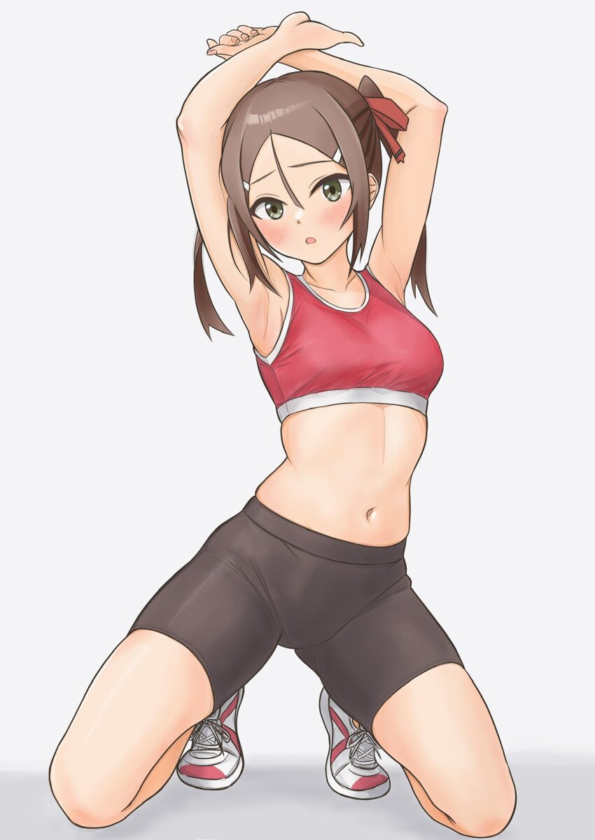 1girl, :o, armpits, arms_up, bare_arms, bike_shorts, black_shorts, blush, breasts, brown_hair, commentary, crossed_wrists, english_commentary, green_eyes, grey_background, hair_between_eyes, hair_ribbon, highres, kneeling, looking_at_viewer, man12sikata-04, medium_breasts, miyoshi_karin, navel, open_mouth, red_sports_bra, ribbon, shoes, shorts, sidelocks, simple_background, sneakers, solo, sports_bra, sportswear, yuuki_yuuna_wa_yuusha_de_aru, yuusha_de_aru