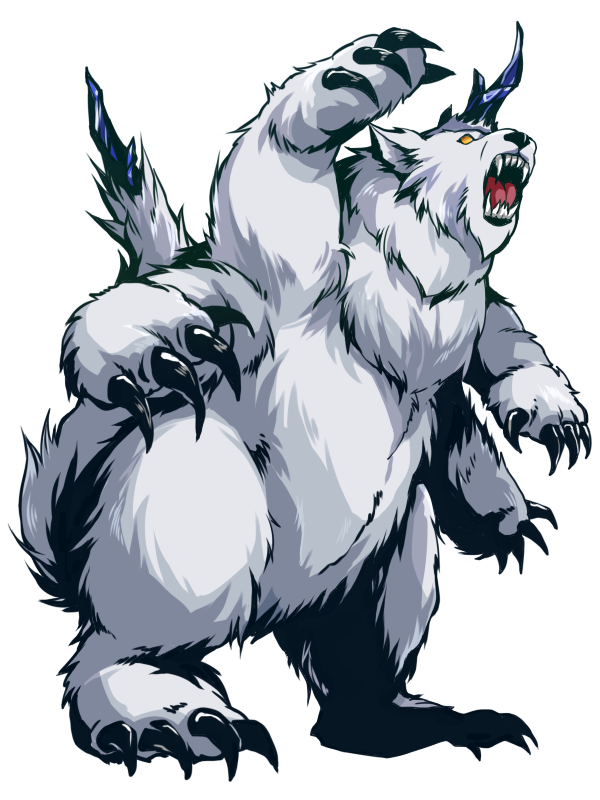 1other, black_claws, call_of_cthulhu, commentary_request, cthulhu_mythos, extra_arms, gnoph-keh, horns, monster, no_humans, open_mouth, orange_eyes, sharp_teeth, simple_background, single_horn, solo, tail, teeth, tmtkai, white_background