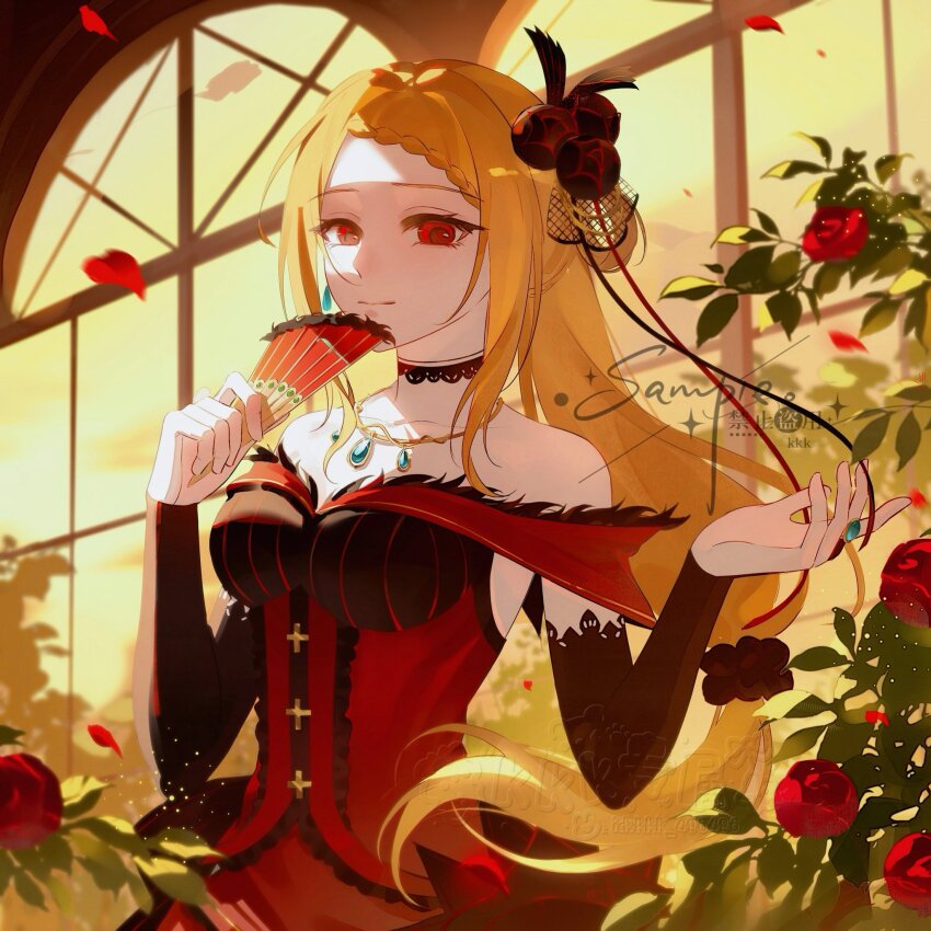 1girl, azhe_kanata, bare_shoulders, blonde_hair, braid, braided_bangs, breasts, bridal_gauntlets