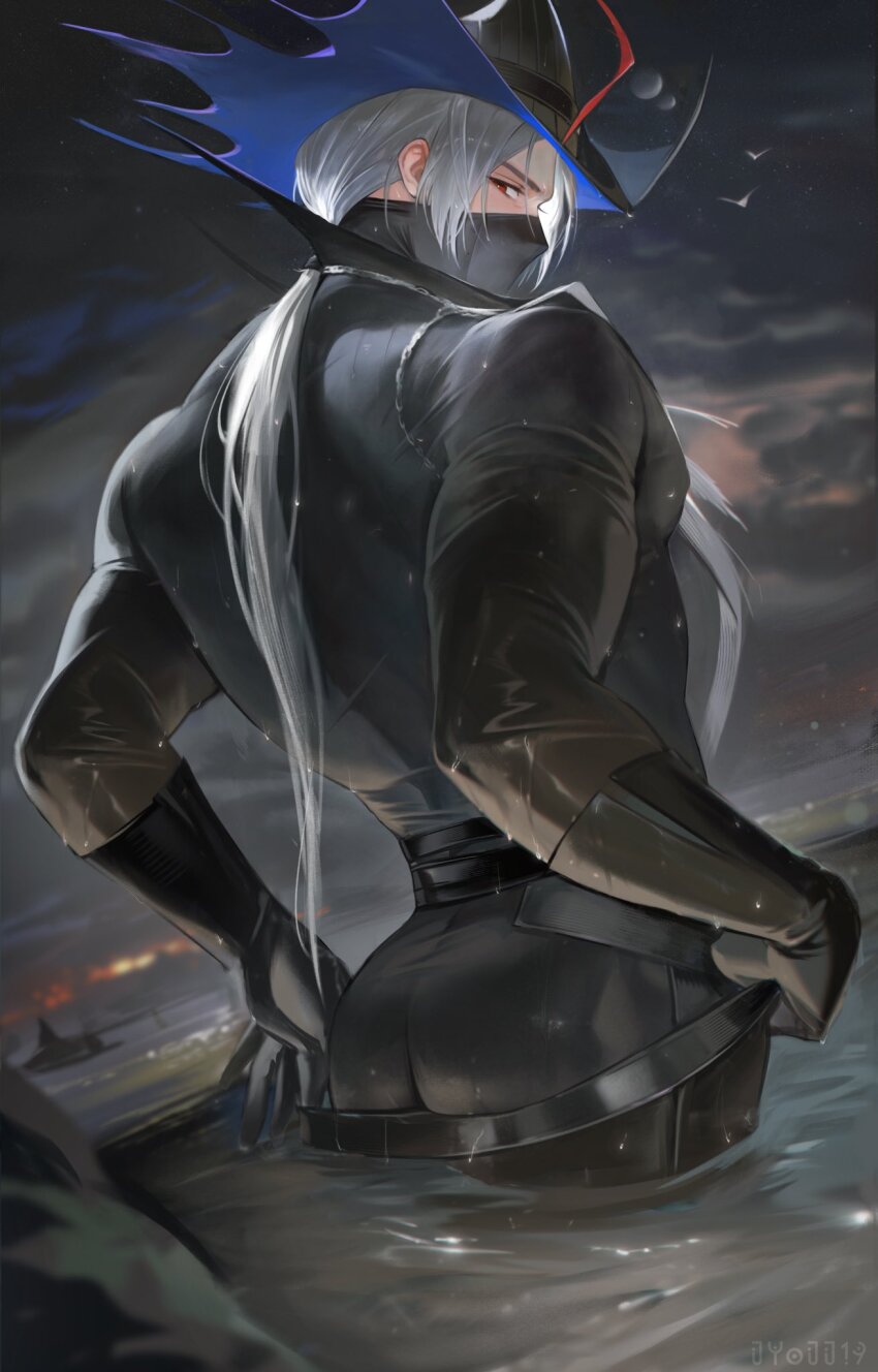 1boy, arknights, ass, bara, belt, black_gloves, black_hat, black_mask