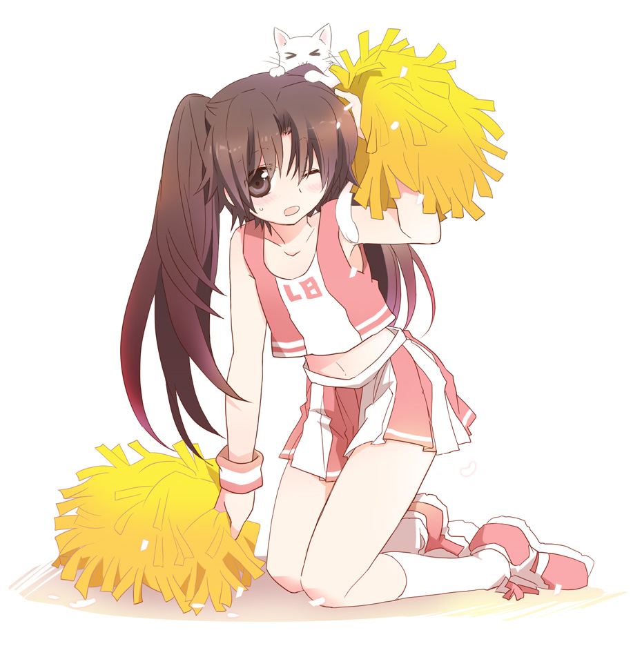 1boy, amano, animal, animal_on_head, blush, brown_eyes, brown_hair, cat, cat_on_head, cheerleader, crossdressing, crossdressing_(mtf), lennon_(little_busters!), little_busters!, long_hair, male_focus, midriff, naoe_riki, navel, on_head, one_eye_closed, open_mouth, plaid_clothes, plaid_skirt, pom_pom_(cheerleading), skirt, solo, trap, twintails, wink