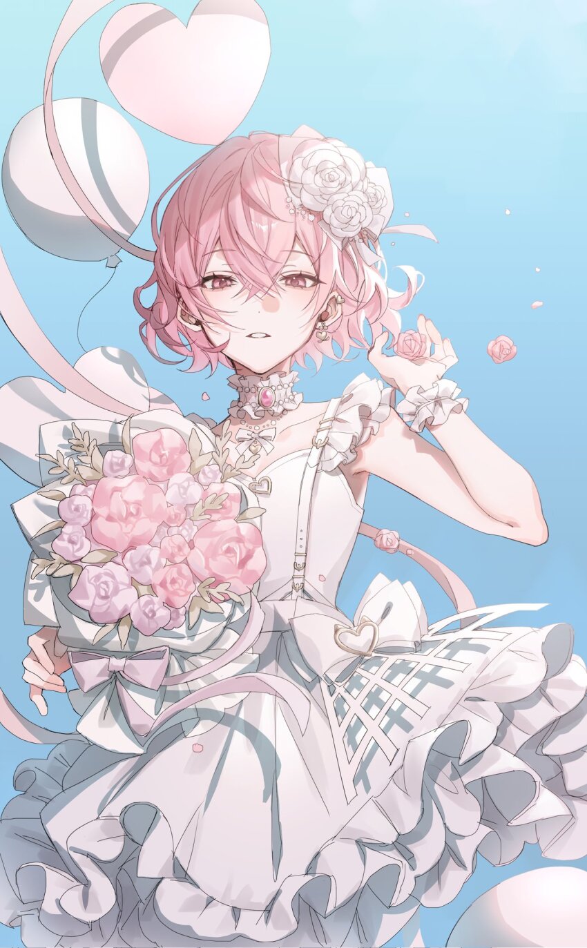 1girl, balloon, bouquet, choker, dress, flower, frilled_choker, frilled_dress