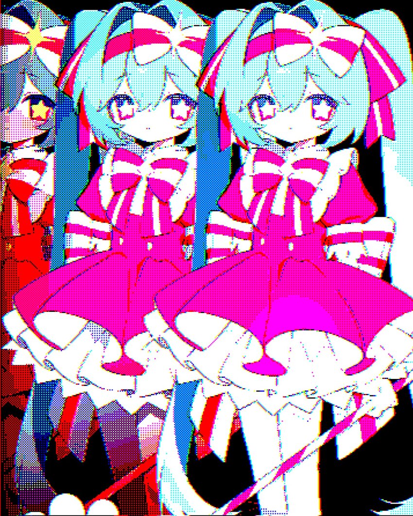 aqua_hair, bow, bowtie, dithering, dress, feet_out_of_frame, hair_bow, hair_intakes