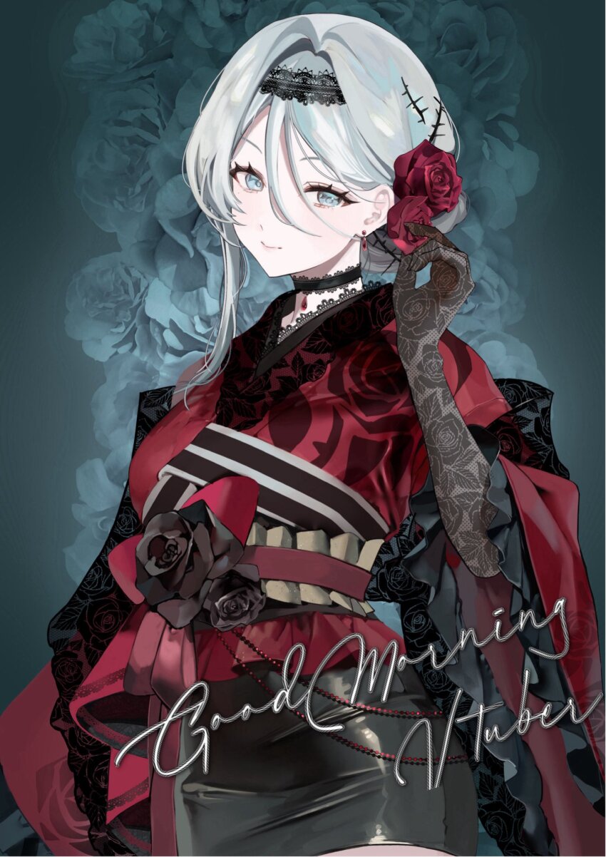 1girl, black_flower, black_rose, blue_eyes, commentary_request, cowboy_shot, floral_print, floral_print_kimono