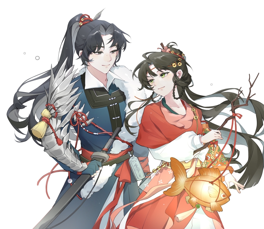 1boy, 1girl, absurdres, animal_lantern, arm_armor, artist_request, black_eyes, black_hair