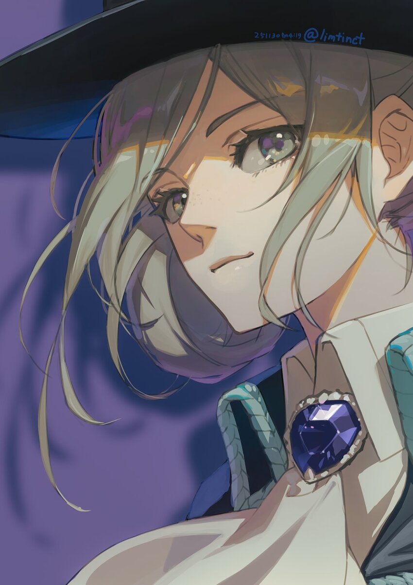 1girl, ascot, black_coat, black_hat, brooch, coat, collared_shirt, commentary_request