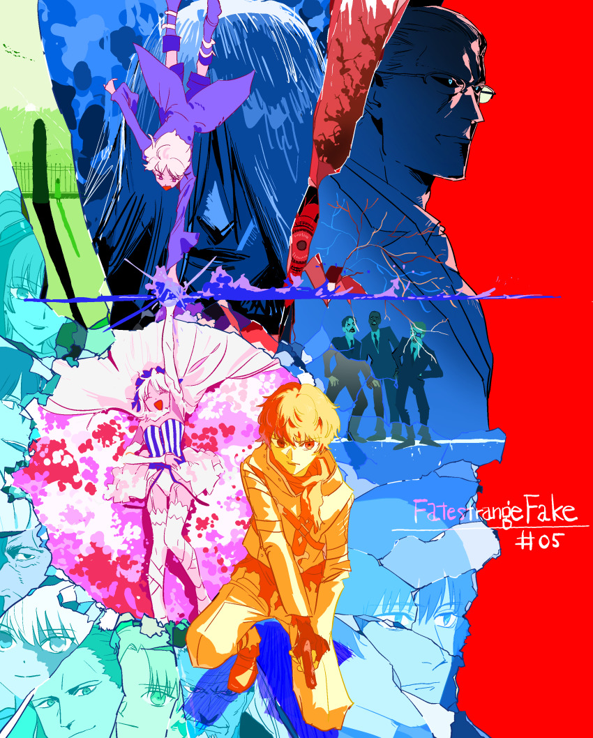 3girls, 6+boys, absurdres, alcides_(fate), arm_up, arms_behind_back, asclepius_(fate/strange_fake), aviator_(fate/strange_fake)