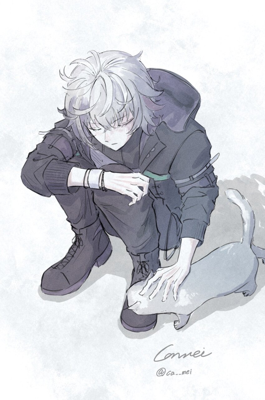 1boy, black_boots, black_jacket, black_pants, boots, bracelet, ca_mei, cat