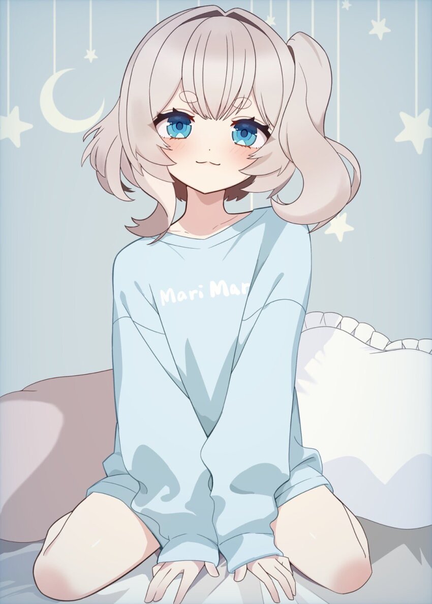 1girl, :3, blonde_hair, blue_background, blue_eyes, blue_sweater, blush, collarbone, dot_nose, hair_intakes, hand_between_thighs, highres, looking_at_viewer, marimari_(vtuber), medium_hair, phase_connect, pillow, side_ponytail, simple_background, sitting, solo, star_(symbol), star_symbol_background, sweater, thighs, tsukasa12598, virtual_youtuber, wariza
