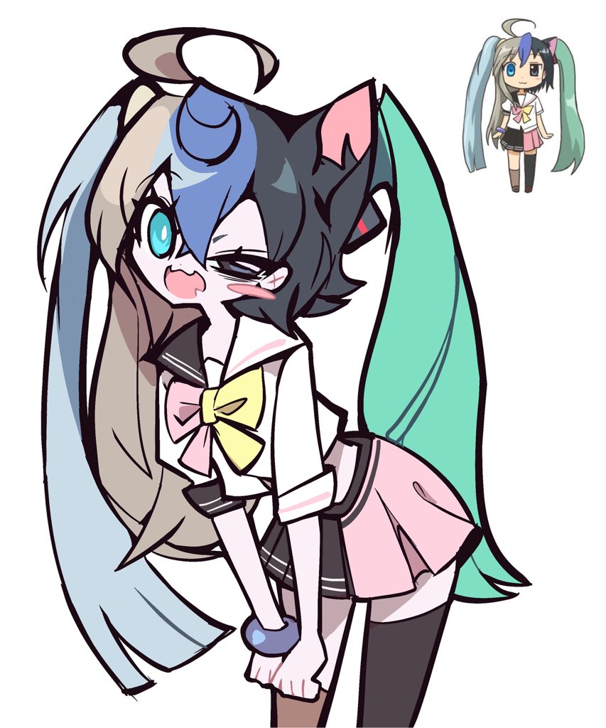 1girl, :3, ahoge, animal_ears, aqua_hair, asymmetrical_eyes, blue_eyes, blue_hair