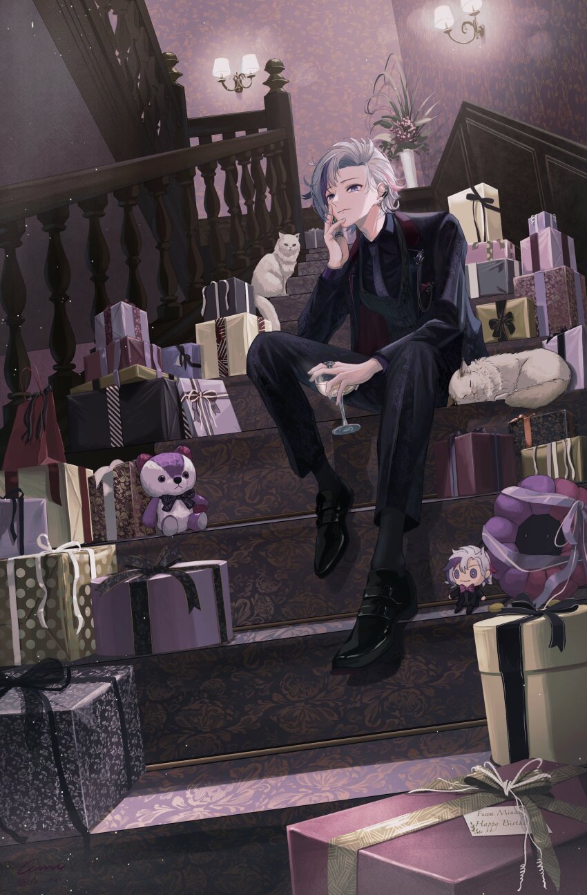 1boy, absurdres, black_pants, black_shoes, black_suit, box, ca_mei, character_doll
