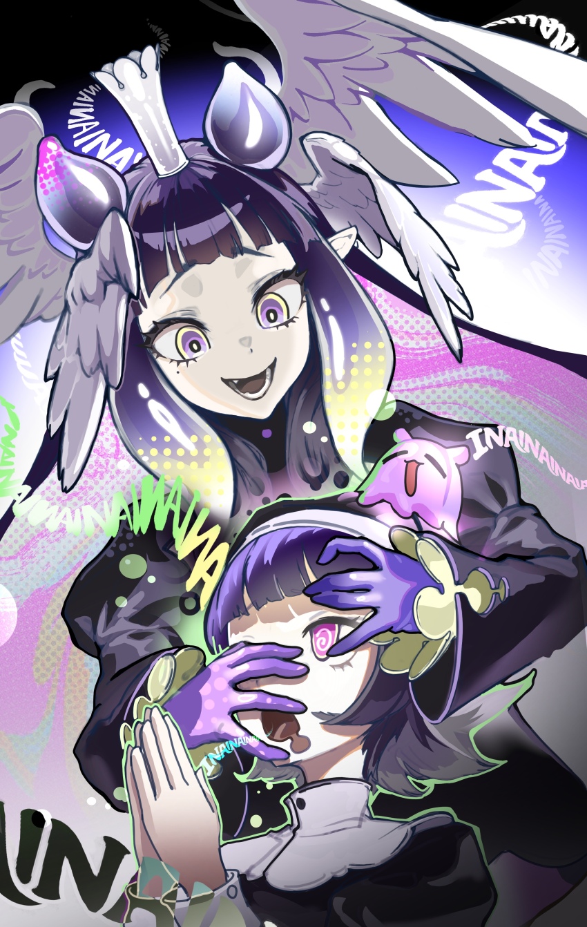 @_@, absurdres, black_dress, black_veil, blunt_bangs, commentary, creature_and_personification, crown, dress, english_commentary, feathered_wings, head_wings, highres, hololive, hololive_english, long_hair, mind_control, mw_01m, ninomae_ina'nis, official_alternate_costume, open_mouth, own_hands_clasped, own_hands_together, personification, pink_eyes, purple_eyes, purple_hair, purple_hands, tako_takover_(ninomae_ina'nis), takodachi_(ninomae_ina'nis), teeth, tentacle_hair, veil, virtual_youtuber, white_wings, wings
