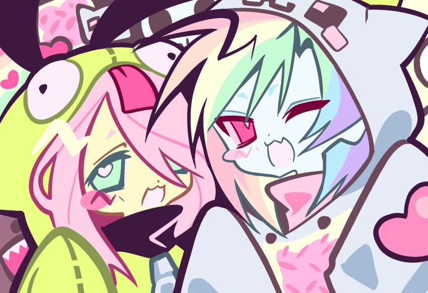 2girls, :3, :d, alternate_costume, animal_ears, animal_hood, antonymph, aqua_eyes