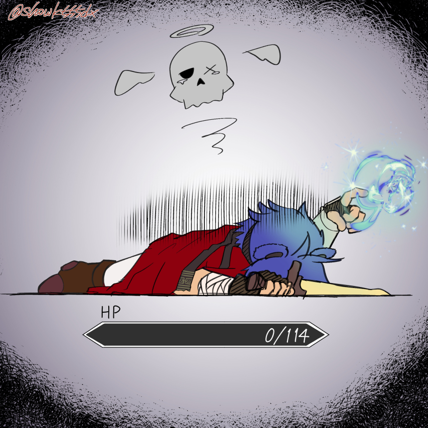 1boy, absurdres, blue_hair, commentary_request, face_down, fire_emblem, fire_emblem:_path_of_radiance, fire_emblem_shadows