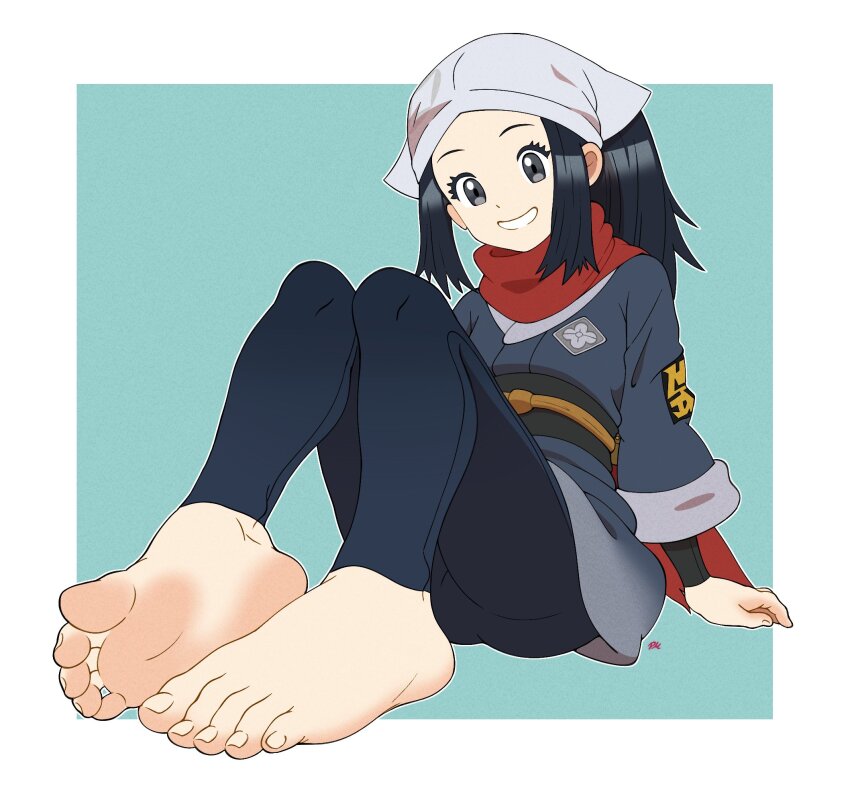 1girl, akari_(pokemon), aqua_background, barefoot, black_hair, blue_leggings, border, commentary