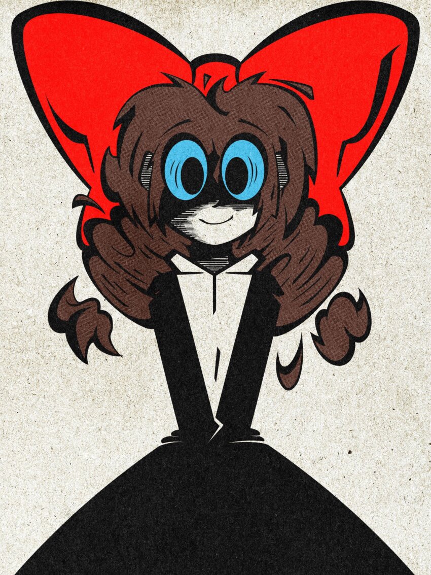 1girl, artichoke2_(dickpeacock11), black_dress, blue_eyes, bow, brown_hair, dress, film_grain