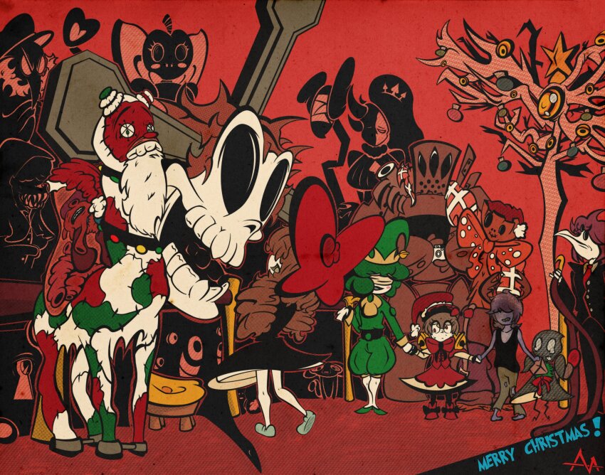 absurdres, artichoke2_(dickpeacock11), bandages, bandages_over_eyes, big_bird_(project_moon), brown_hair, character_request, christmas_ornaments