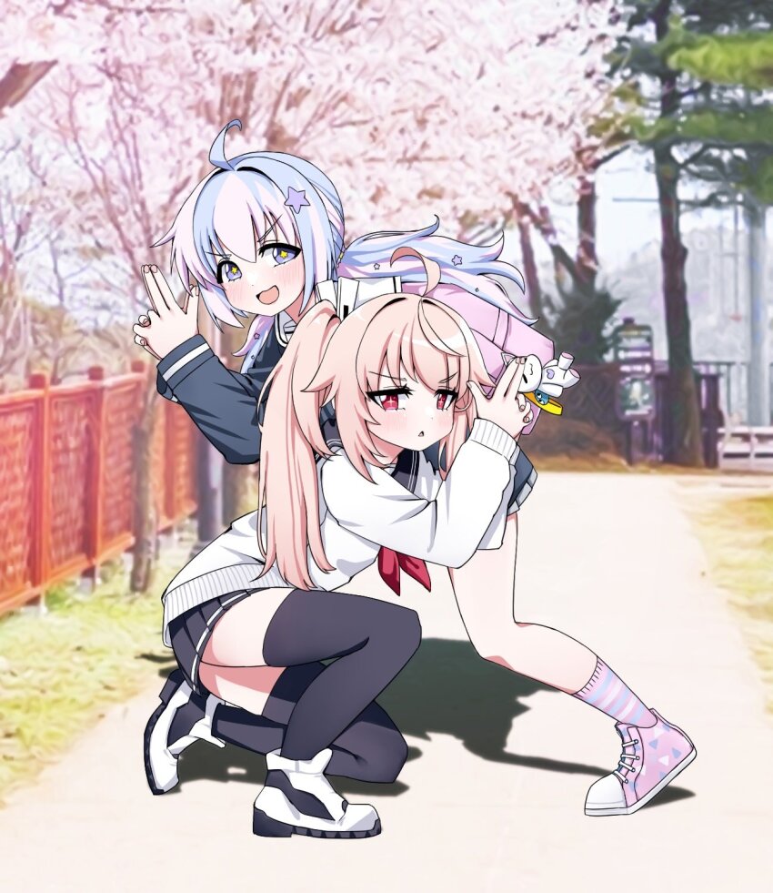 2girls, ahoge, backpack, bag, black_skirt, black_thighhighs, blue_archive, blue_hair