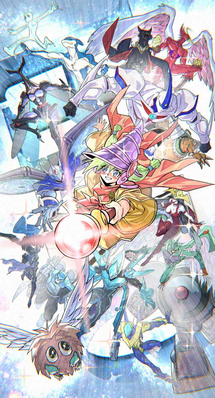 3girls, 6+boys, absurdres, arthropod_boy, bird_boy, card_ejector, cosknb, dolphin_boy