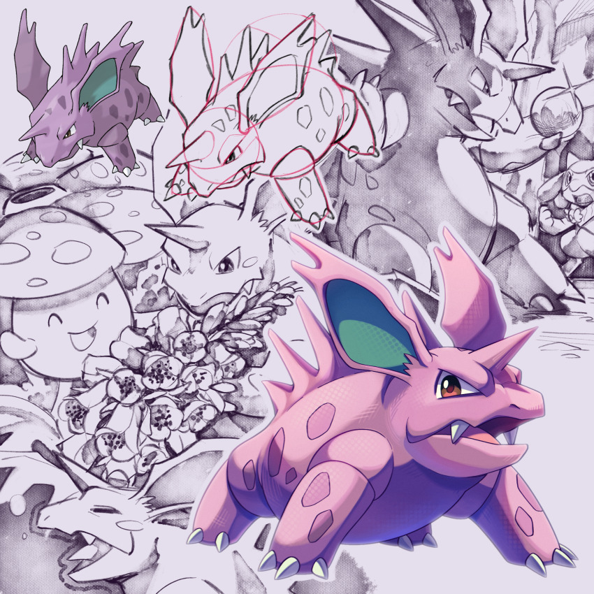 claws, colored_skin, commentary_request, exploration_team_badge, fangs, flower, gen_1_pokemon, gen_4_pokemon, highres, horns, large_ears, nidorino, nintendo, no_humans, open_mouth, orb, pokemon, pokemon_(creature), pokemon_focus, pokemon_firered_and_leafgreen, pokemon_mystery_dungeon, pokemon_mystery_dungeon:_explorers_of_time/darkness/sky, purple_skin, red_eyes, riolu, shoupitsuki, single_horn, sketch, sleeping, smile, spines, vileplume