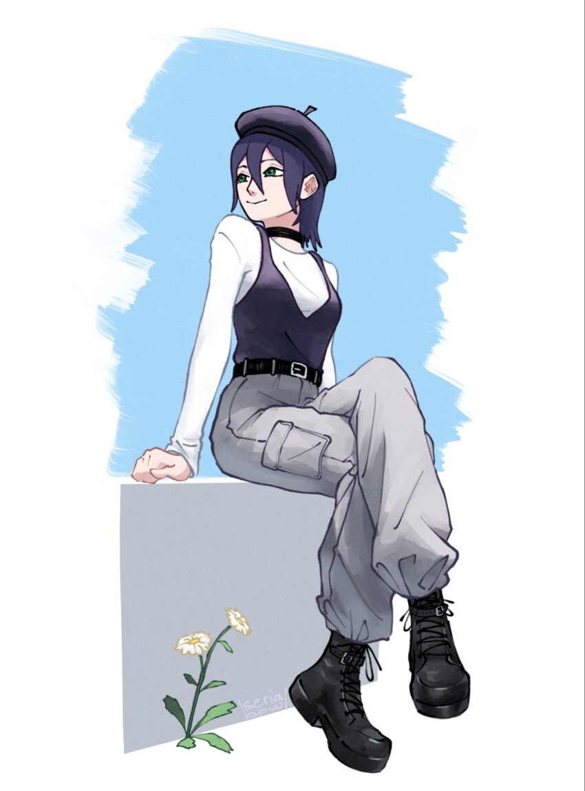 1girl, alternate_costume, belt, belt_buckle, beret, black_belt, black_boots, black_choker